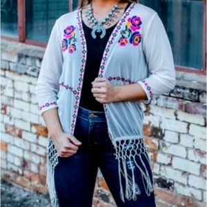 LUCKY & BLESSED Boho Western Embroidered Floral Bull Skull Sheer Fringe Kimono